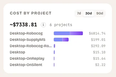 Cost by project widget showing horizontal bars ranked by token consumption