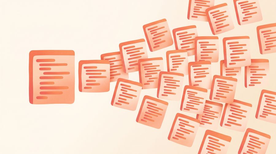Abstract editorial illustration of repeated, near-identical code blocks fanning out into clutter