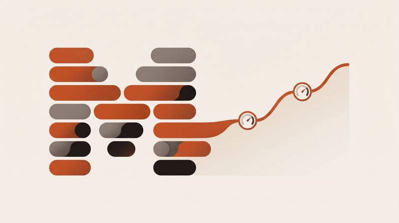 Abstract stacked tiles flowing into a rising usage line with gauge markers