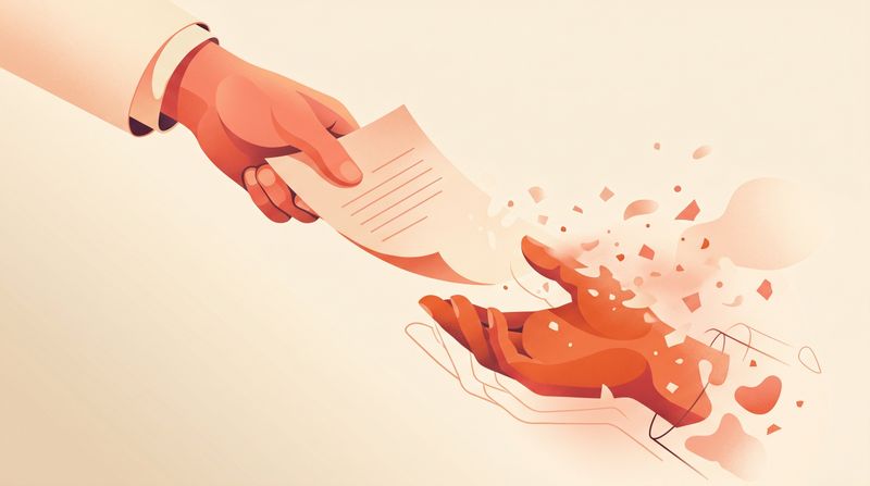 A handoff of a document between two figures, one of them indistinct