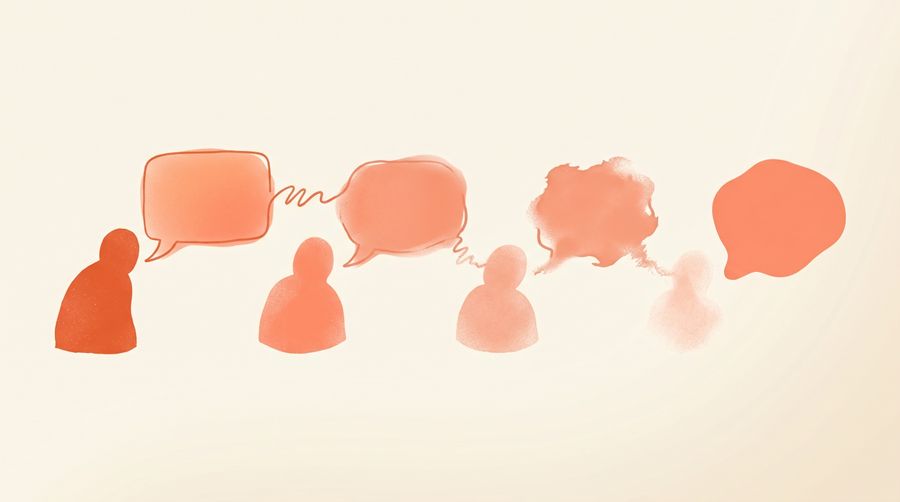 A chain of telephone receivers passing a distorted message between abstract figures