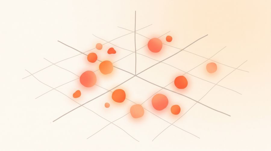 An abstract decision space with tools plotted as points on multiple axes