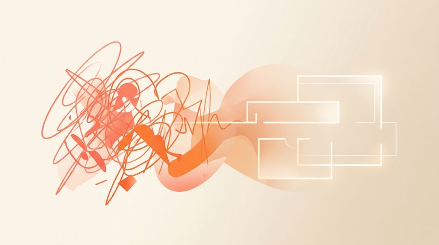An abstract editorial illustration of a clean blueprint emerging from chaotic scribbles