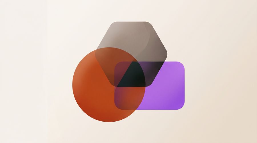 Three overlapping translucent geometric shapes — circle, hexagon, rectangle