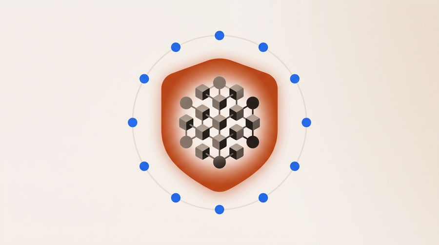 A shielded cluster of data nodes encircled by a ring of twelve dots