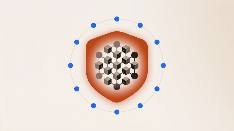 A shielded cluster of data nodes encircled by a ring of twelve dots